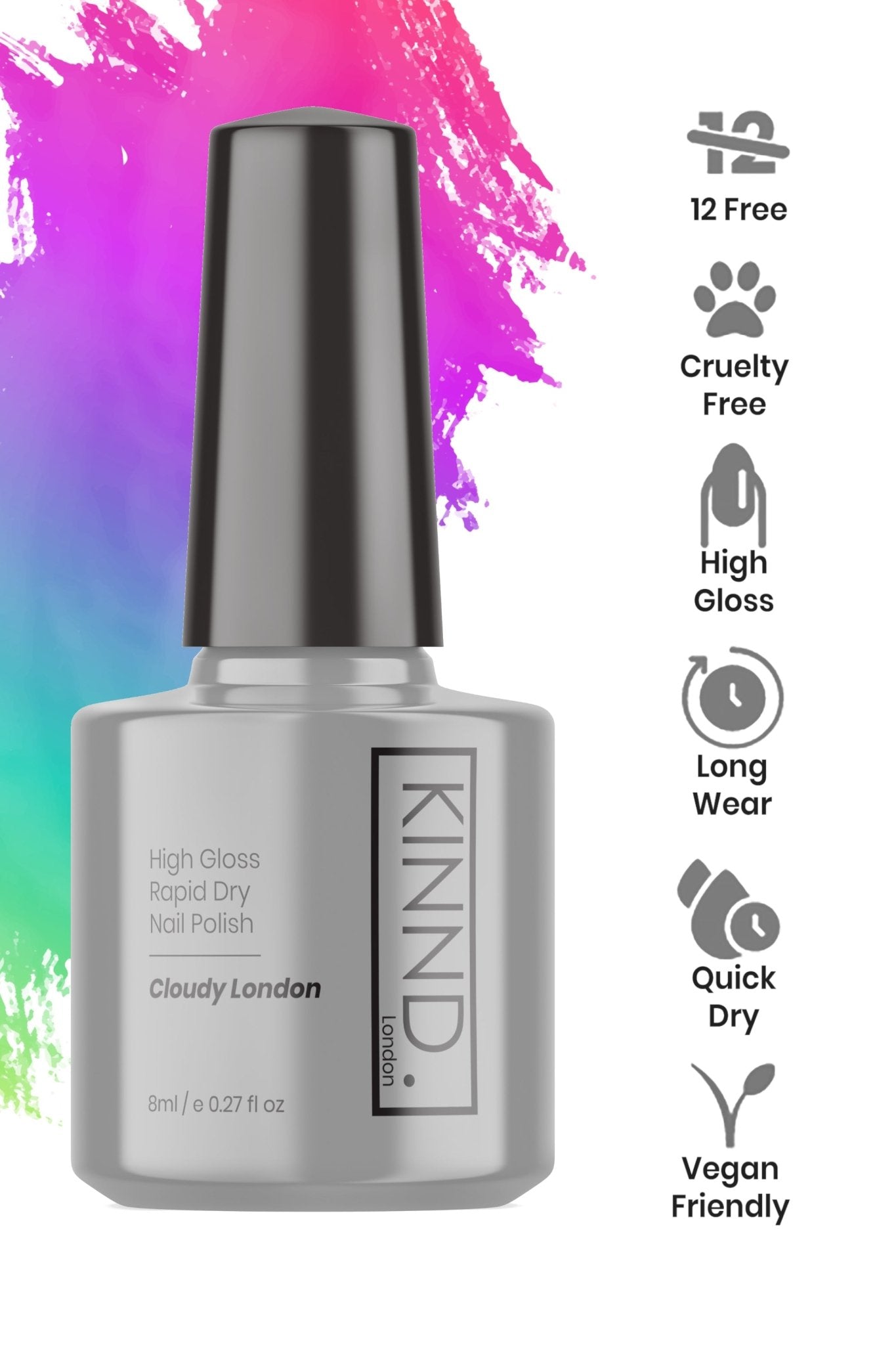 Cloudy London Nail Polish, 8ml | Grey - Toned Quick Dry Nail Varnish - Quick Dry